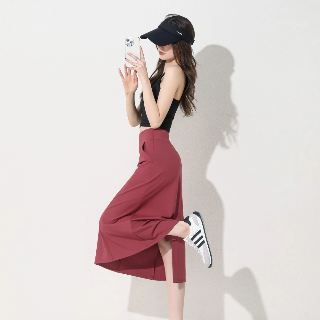2025春秋新款半身裙女高腰运动瑜伽百搭休闲中长款开叉a字裙显瘦