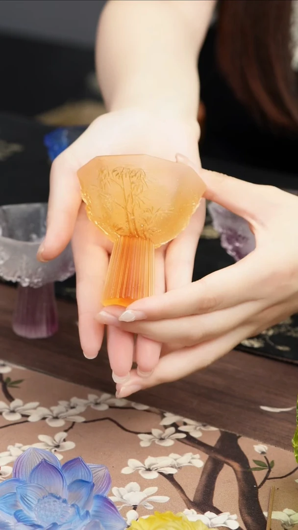 琉璃手工艺品黄色竹子雕花高足茶盏