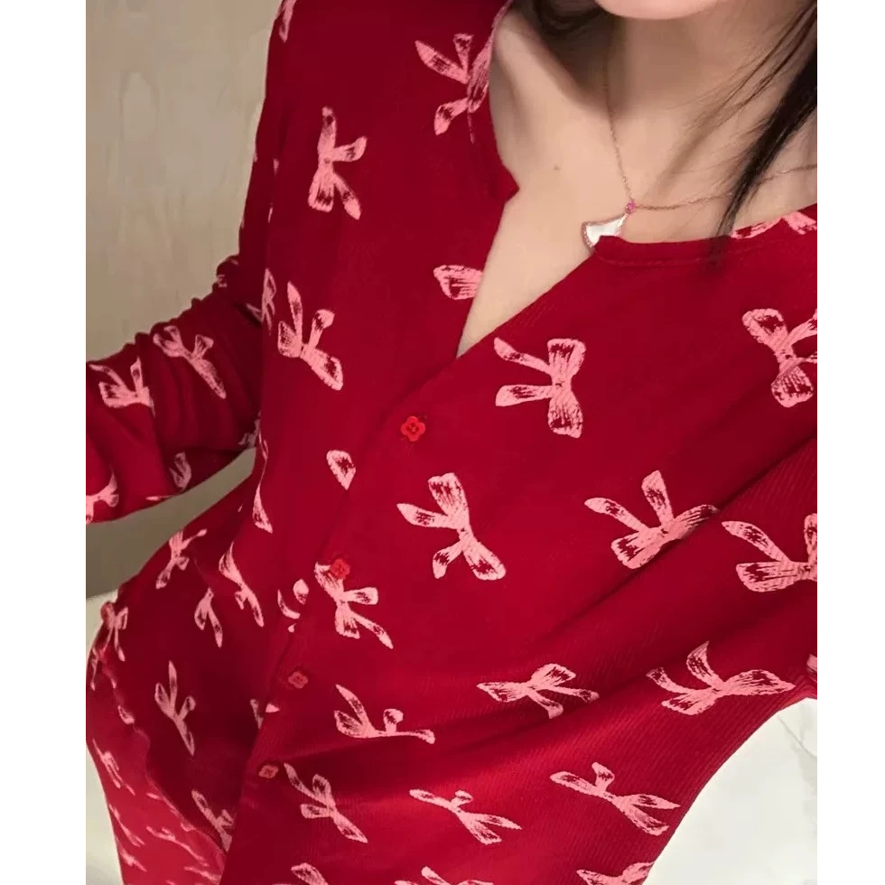 春秋幸运蝴蝶结冰丝螺纹裸感软舒适家居服睡衣套装1654