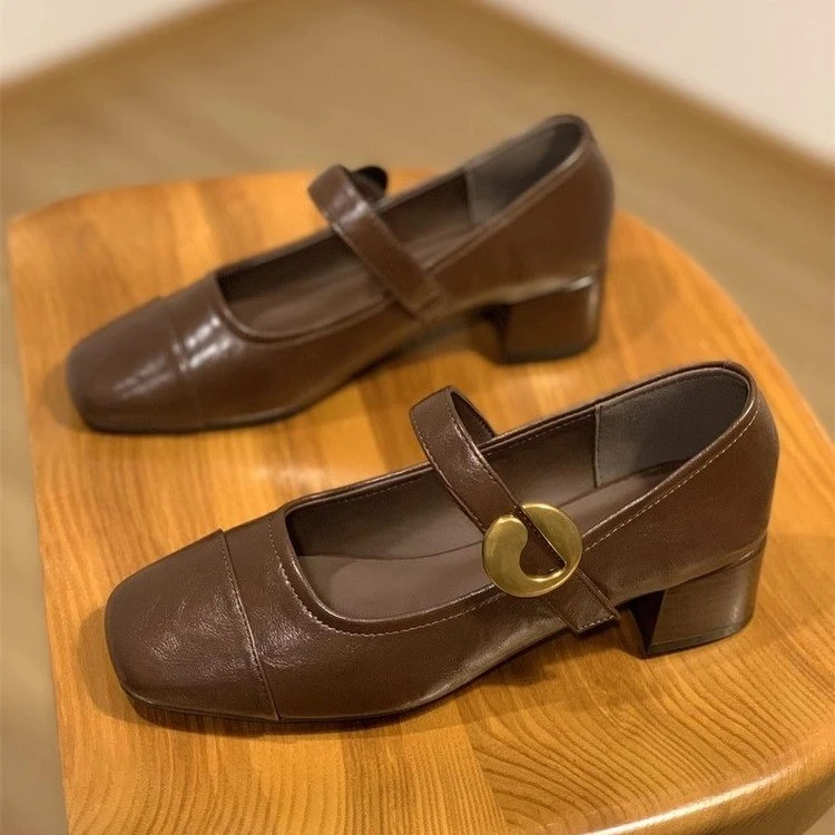 棕色法式复古方头一字带魔术贴玛丽珍浅口单鞋女2024秋季新款女鞋