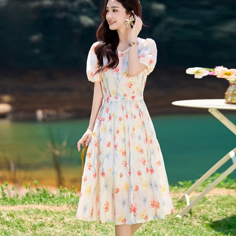 法式碎花连衣裙女夏季2025新款小个子收腰减龄气质高级感纯棉裙子