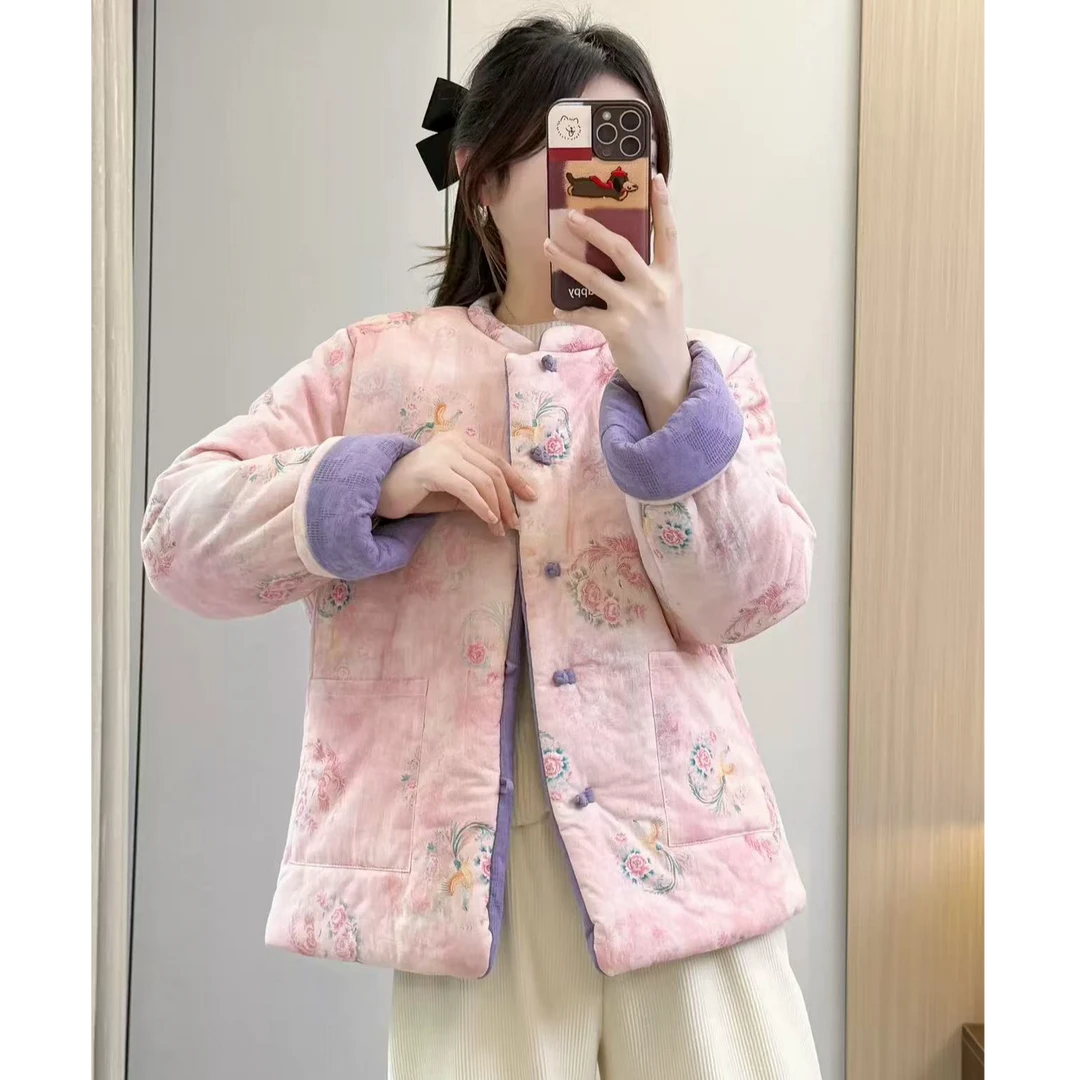 XP 双面穿「粉紫花漾」中式加厚小花袄