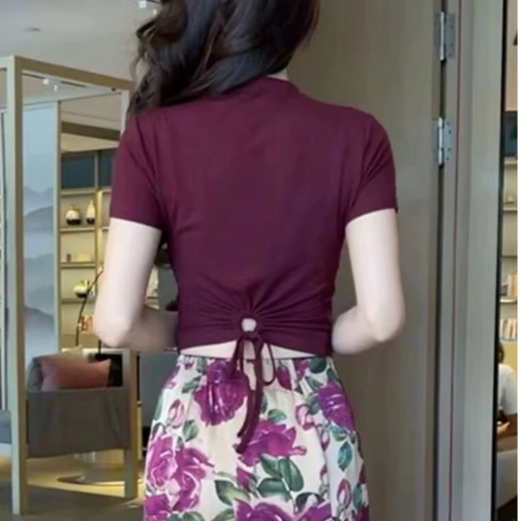 夏季新款气质百搭显瘦后背绑带圆领T恤-0225