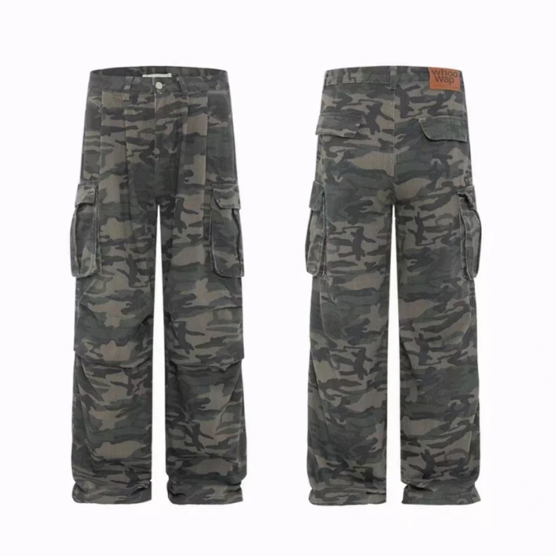 国潮迷彩直筒阔腿长裤宽松伞兵做旧男女休闲工装裤男女同款