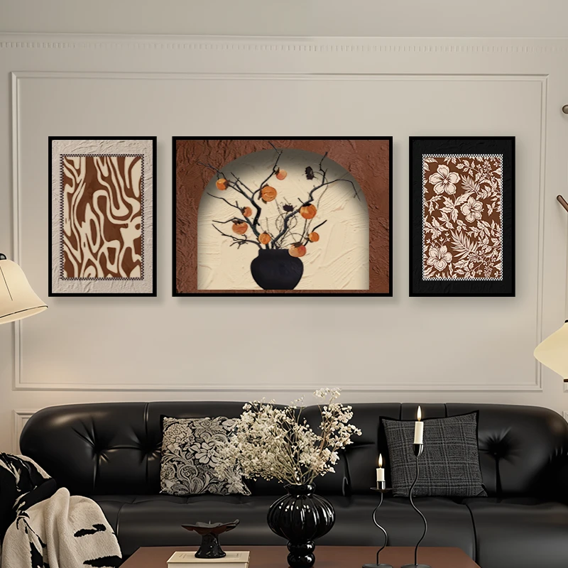 中古风柿柿如意客厅沙发装饰画高清微喷湿布可擦可防水三联画