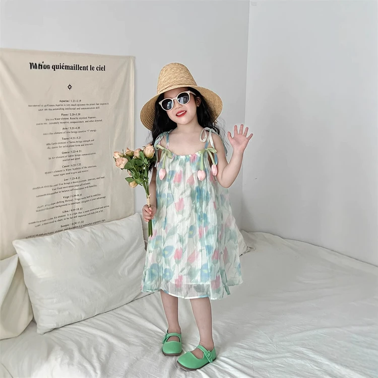 韩系女童夏季海边度假吊带裙2025新款儿童小清新雪纺碎花连衣裙潮