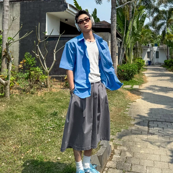 DBWDoublewin随性 铝丝DIY纯色褶皱短袖衬衫外套男学院风衬衣1147