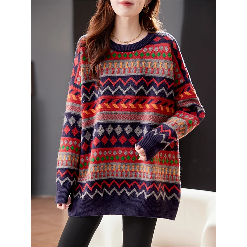 DUCURNO撞色提花条纹毛衣女2025秋季复古气质慵懒宽松大码针织衫