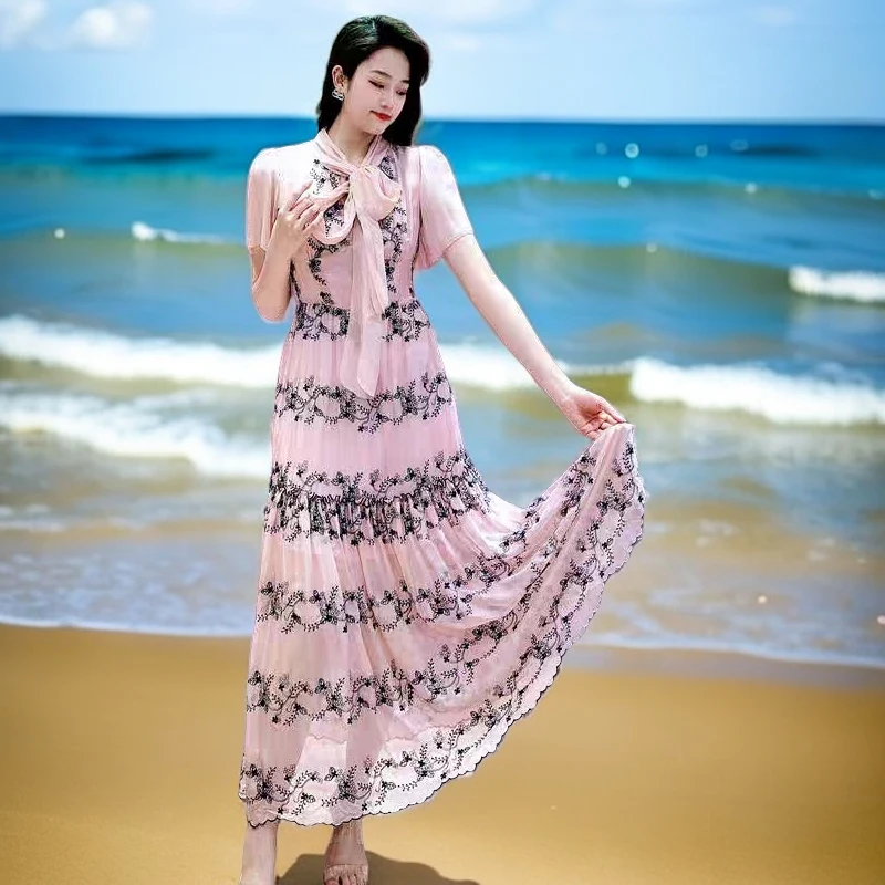 夏季新款一花一裙真丝印花吊带连衣裙女海边度假裙子花色桑蚕丝裙