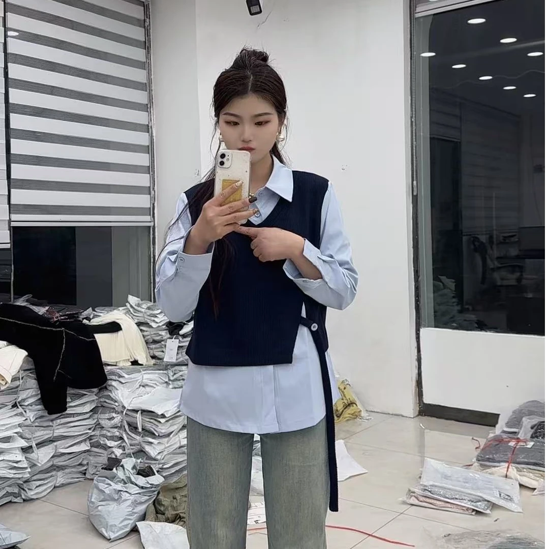 拼接衬衣马甲两件套