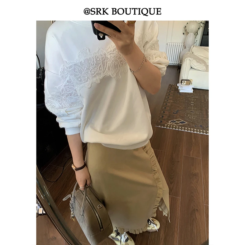 法式通勤木耳边半身裙高腰百搭拼接早春中长款休闲A字裙S2CL0819