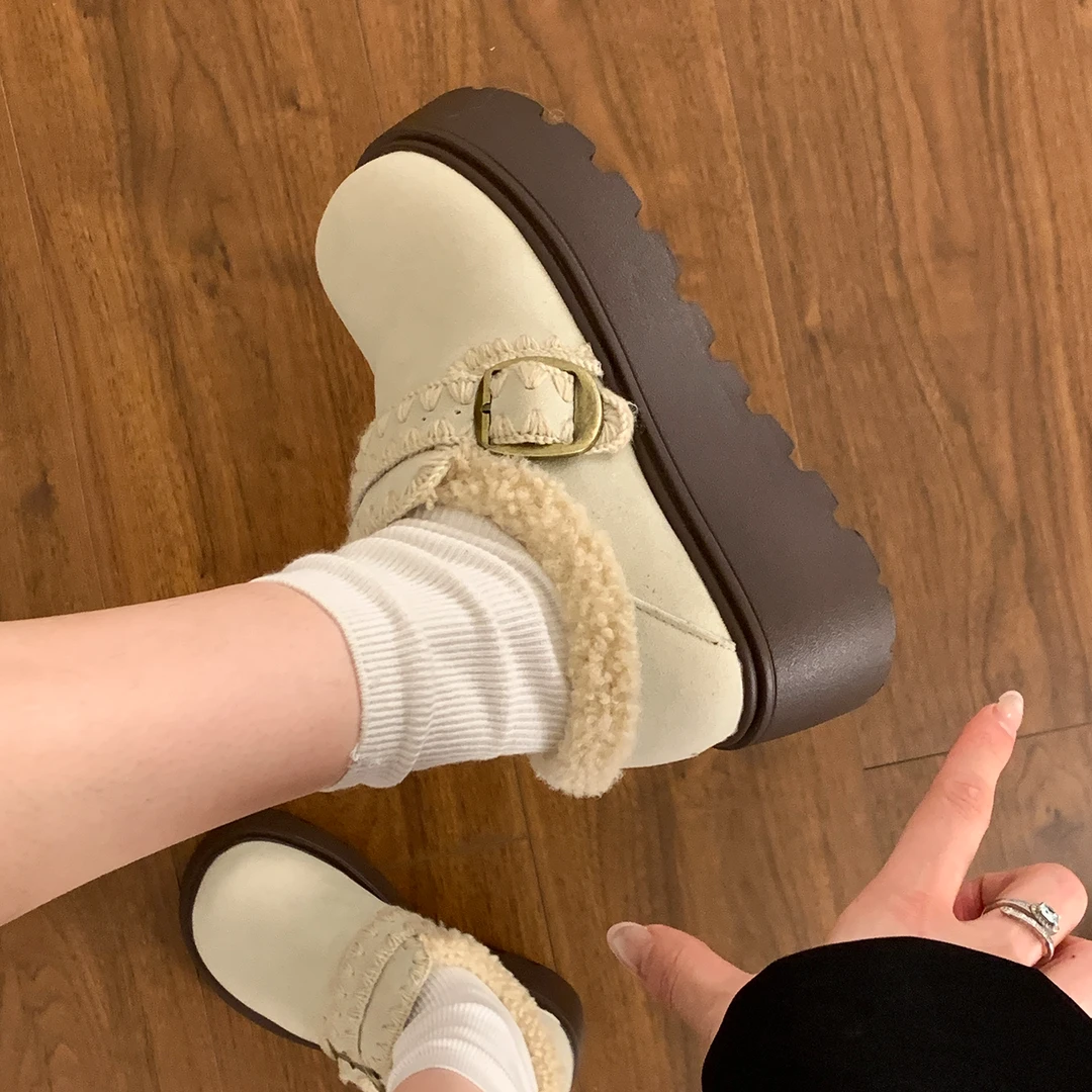 啄木鸟复古厚底加绒刺绣乐福鞋女2025新款冬季英伦风增高勃肯棉鞋