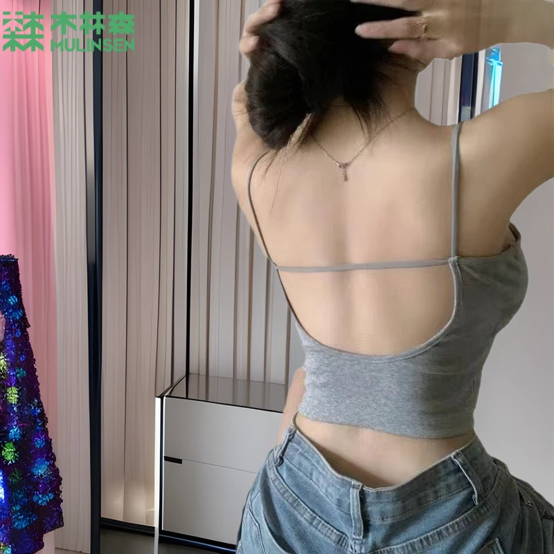 木林森辣妹带胸垫露背吊带小背心女夏季性感美背内搭设计感短款上