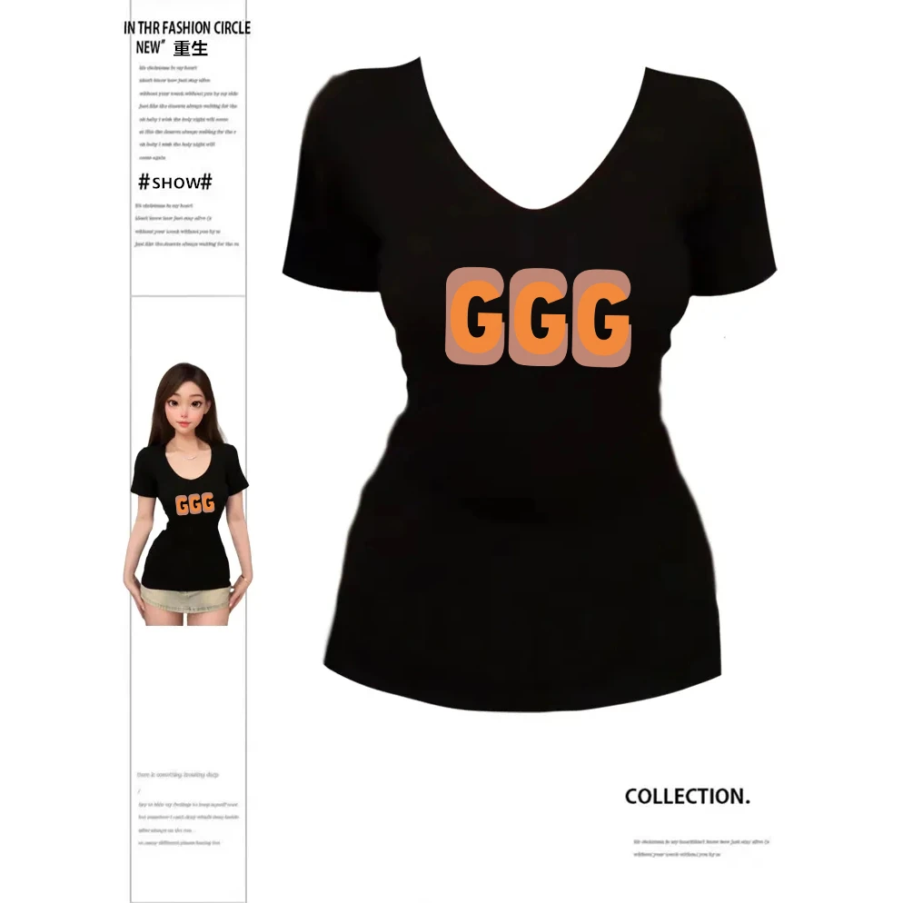 大码女装夏季新款正肩v领辣妹短袖t恤修身显瘦遮肉美式短款上衣服