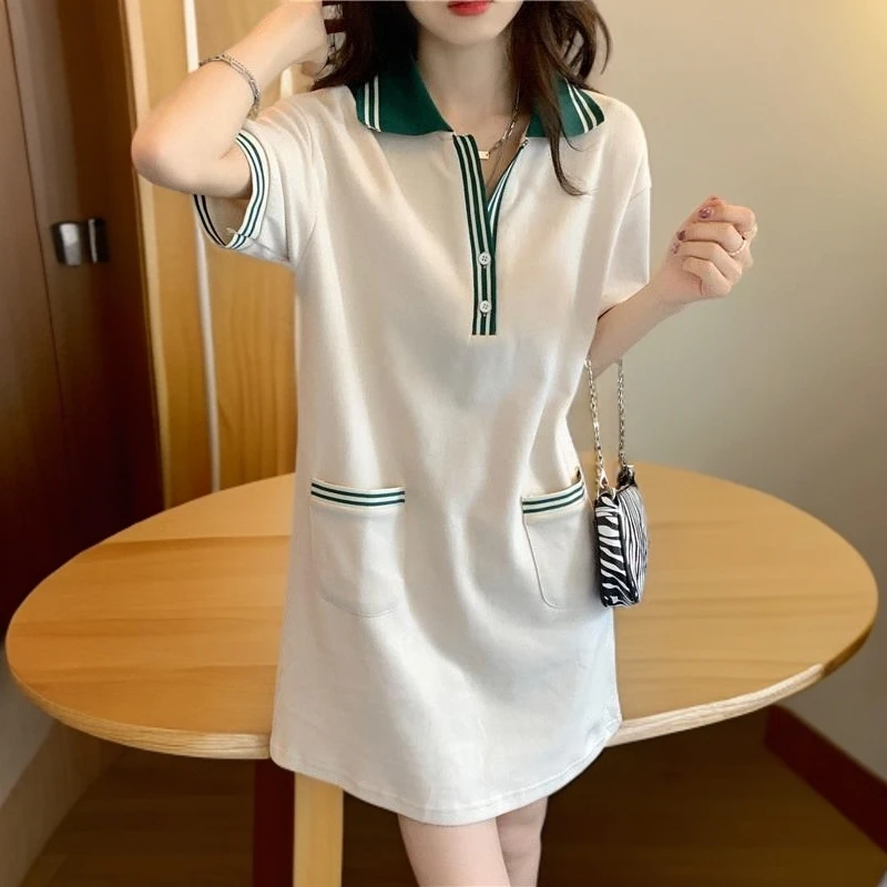 polo连衣裙女夏季欧货小个子直筒裙宽松大码运动休闲中长款t恤裙