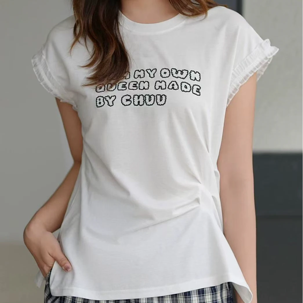 【锦衣服饰】YQN 235韩系字母印花蕾丝拼接飞飞袖圆领T