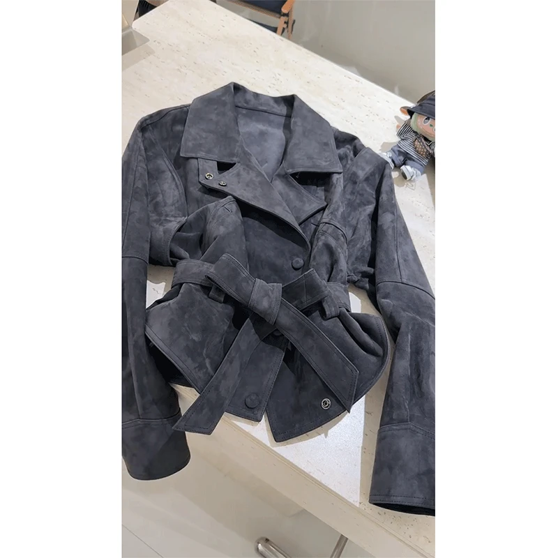 2025秋季新款高智感小香风休闲气质收腰蓝色麂皮绒翻领短款外套女