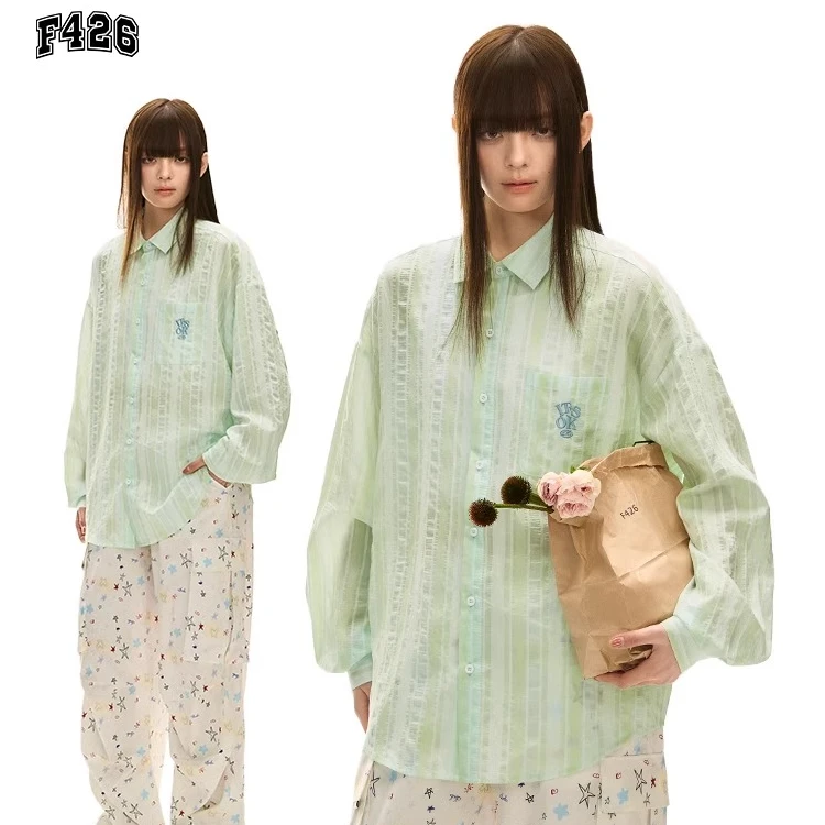 F426潮牌秋季设计感长袖衬衫慵懒风光泽感莱赛尔条纹衬衫外套6522