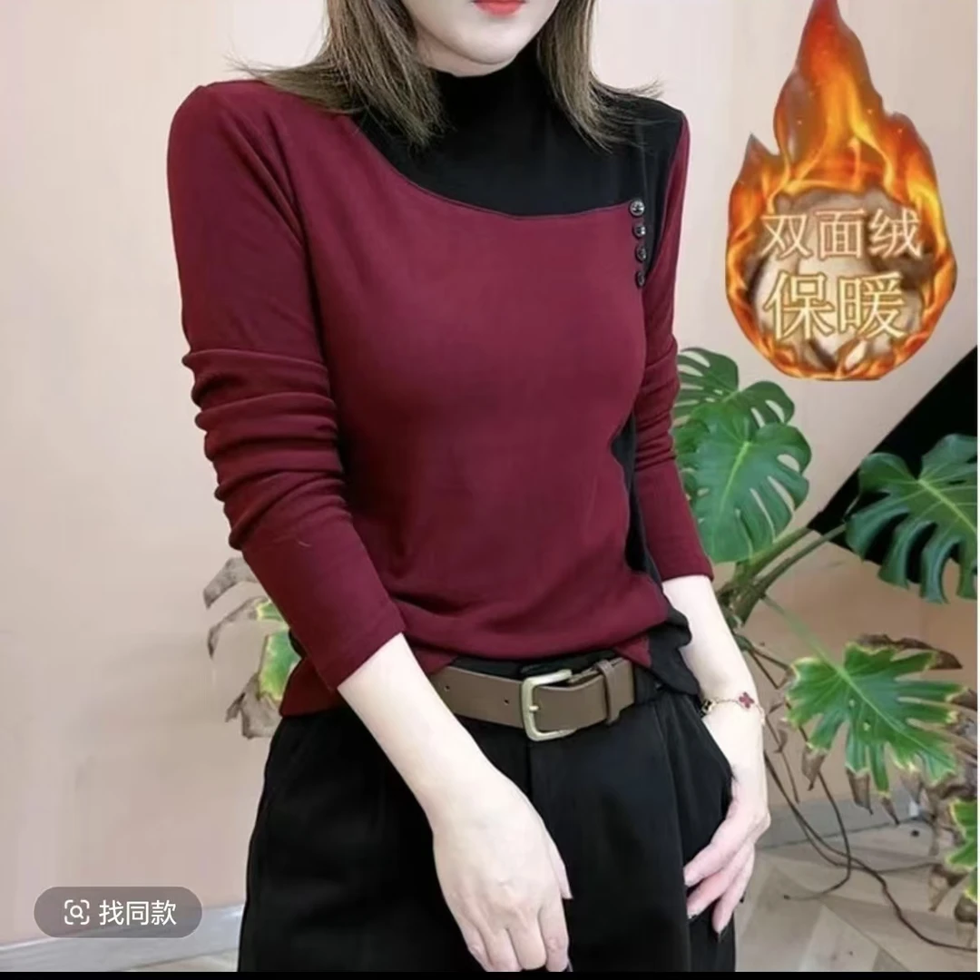 7844拼接打底衫女新款高领德绒洋气撞色纽扣上衣保暖T恤衫六楼
