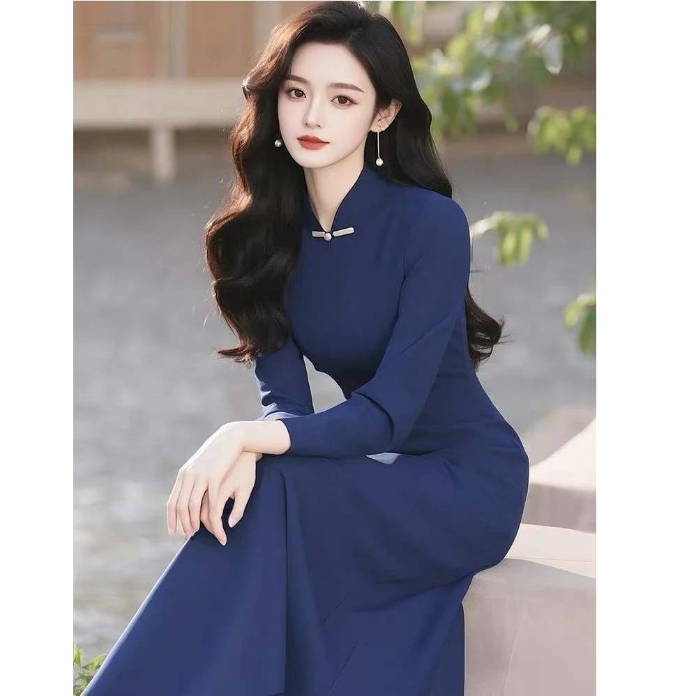 裙子秋冬款改良旗袍高端精致高级感端庄大气蓝色盘扣冬季连衣裙女