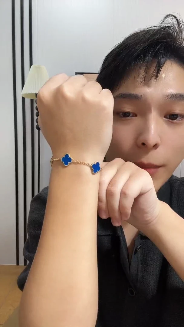 18K金镶嵌手链玛瑙/玉髓蓝色k黄，五花手链