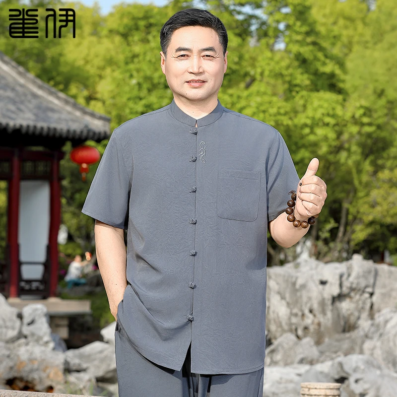 中老年唐装爸爸父亲夏装短袖高档套装中国风薄款衬衫爷爷夏季汉服