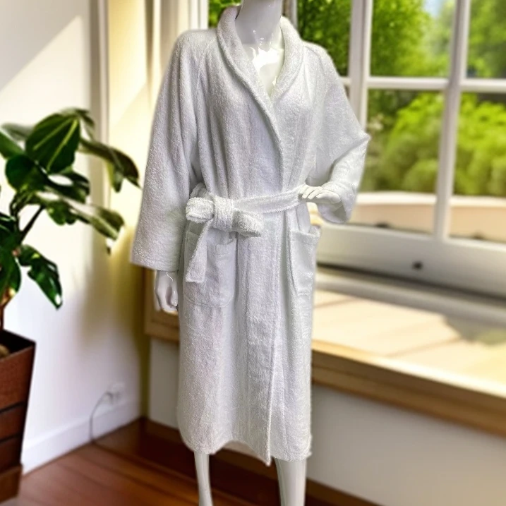 铭梵家纺极简风白色毛巾布长袖浴袍家居服吸水亲肤浴衣四季适用