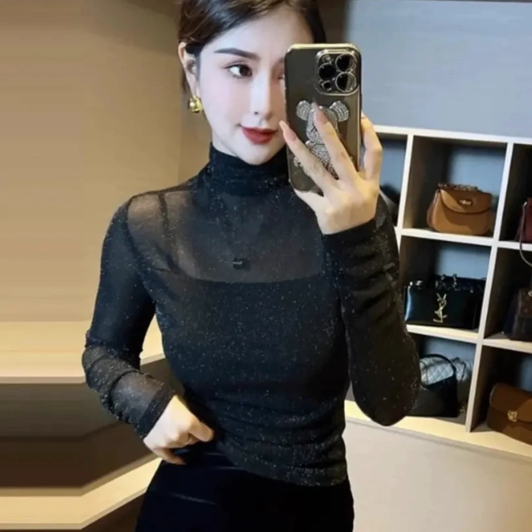 网纱亮片半高领打底衫女2025春秋百搭修身洋气内搭长袖t恤上衣女