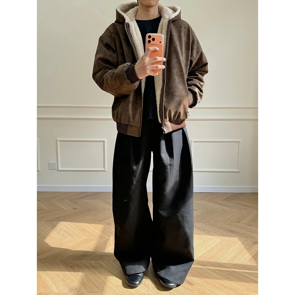 弘号美式休闲纯色座山雕夹克上衣高街百搭帅气加厚保暖连帽棉外套