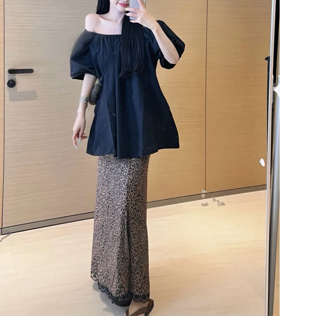 【大脸】性感轻熟风豹纹半身裙搭配一字肩上衣套装2971衣/2982裙