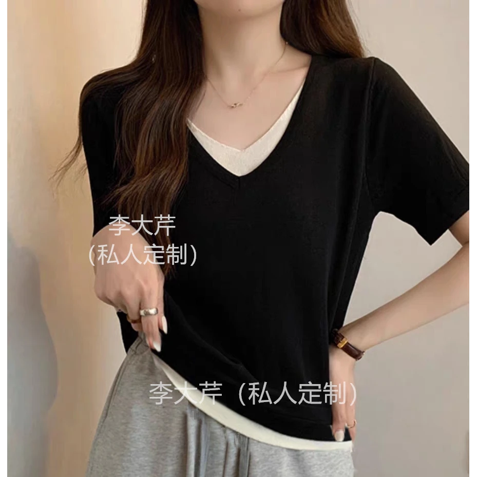 撞色V领拼接假两件短袖T恤  韩系ins风休闲百搭显瘦