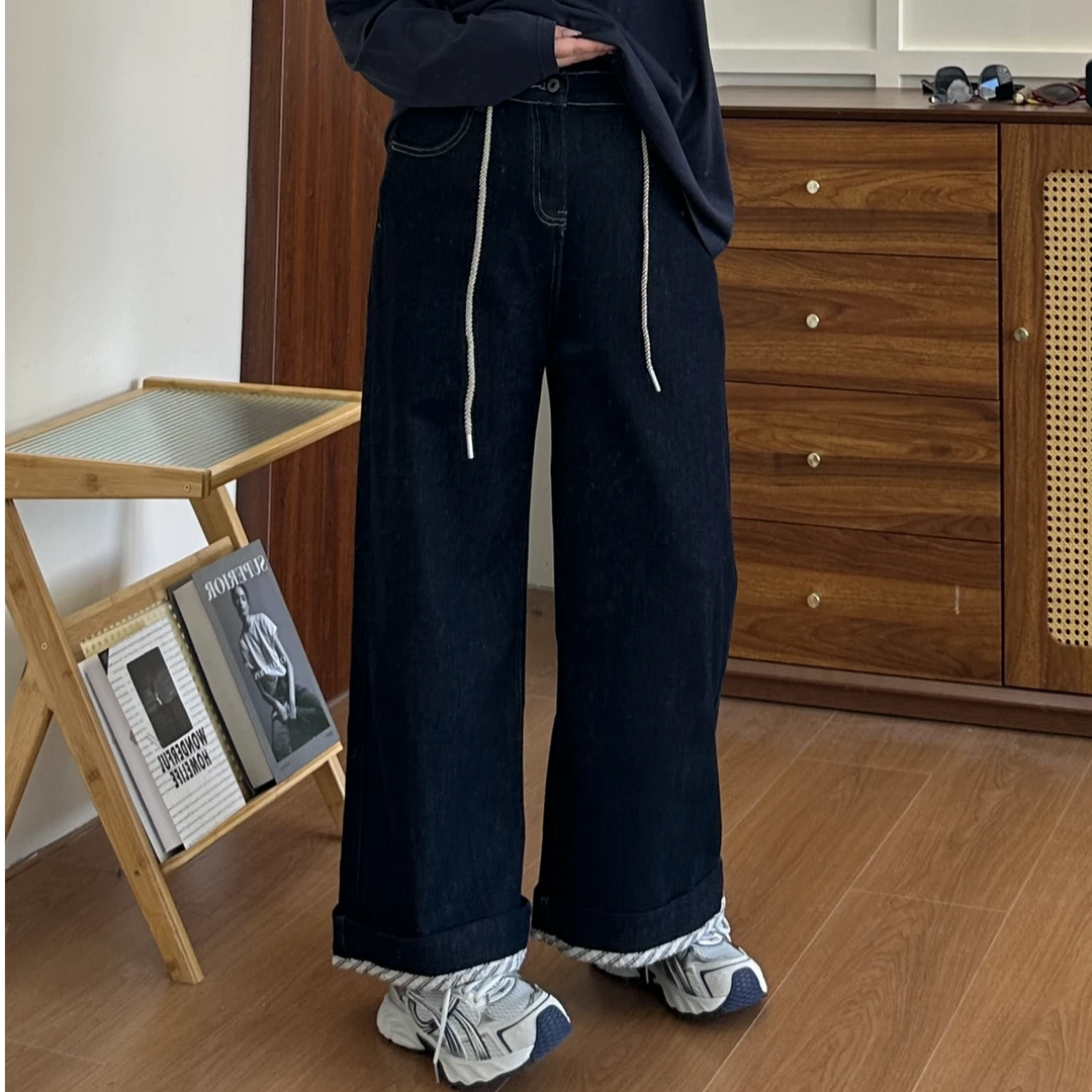 【一颗小叶】春秋大码大版复古翻边牛仔裤阔腿