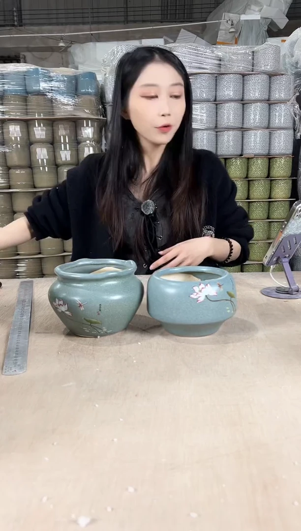 【闪购商品】陶瓷圆口深绿荷花小13+荷口深绿荷花小13