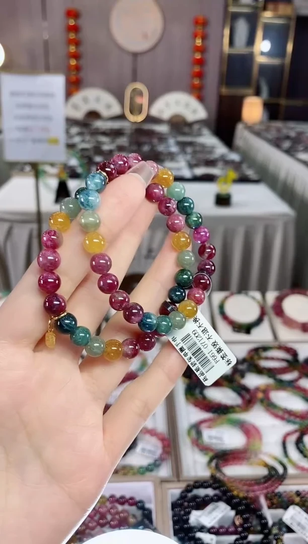 老矿油画碧玺色标彩虹单圈手串7mm+未镶嵌碧玺dan多样性发货一条