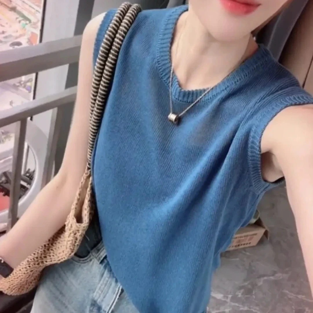 【蓝色妖姬~和纸纱！静静针织】百搭背心圆领无袖针织衫f1072 J03798