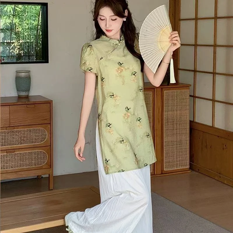 021编码--2025夏新中式盘扣提花旗袍上衣+松紧腰阔腿裤两件套女