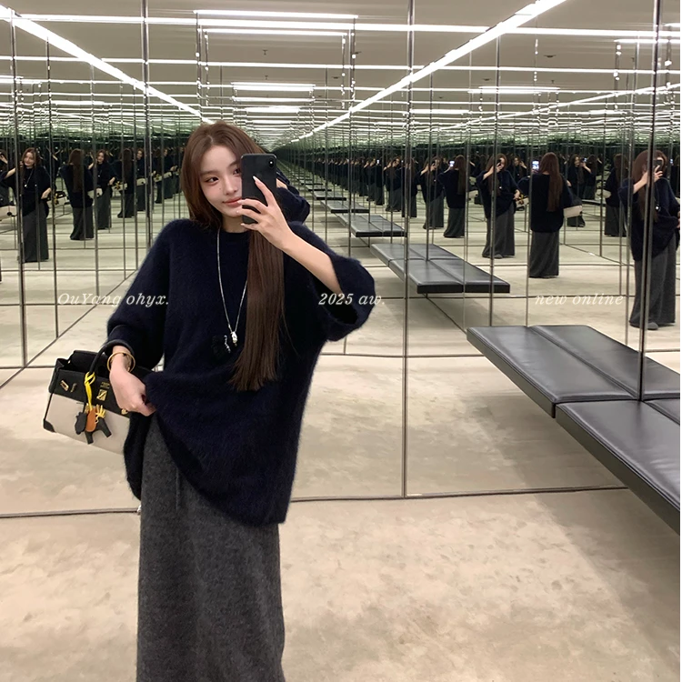 温柔慵懒风软糯套头毛衣女2025秋冬外穿休闲宽松中长款针织衫上衣