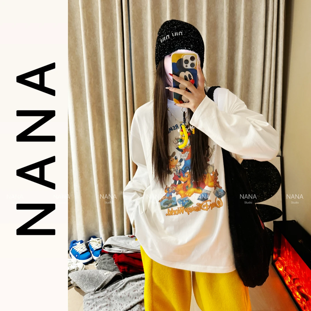 NANA STUDIO（米老板）圆领休闲卡通印花宽松百搭套头长袖T恤916