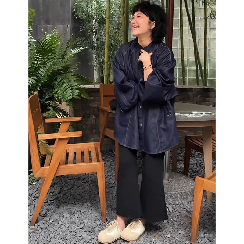 港风百搭宽松中长款单排扣牛仔衬衫欧洲站2025秋季新款纯色上衣潮