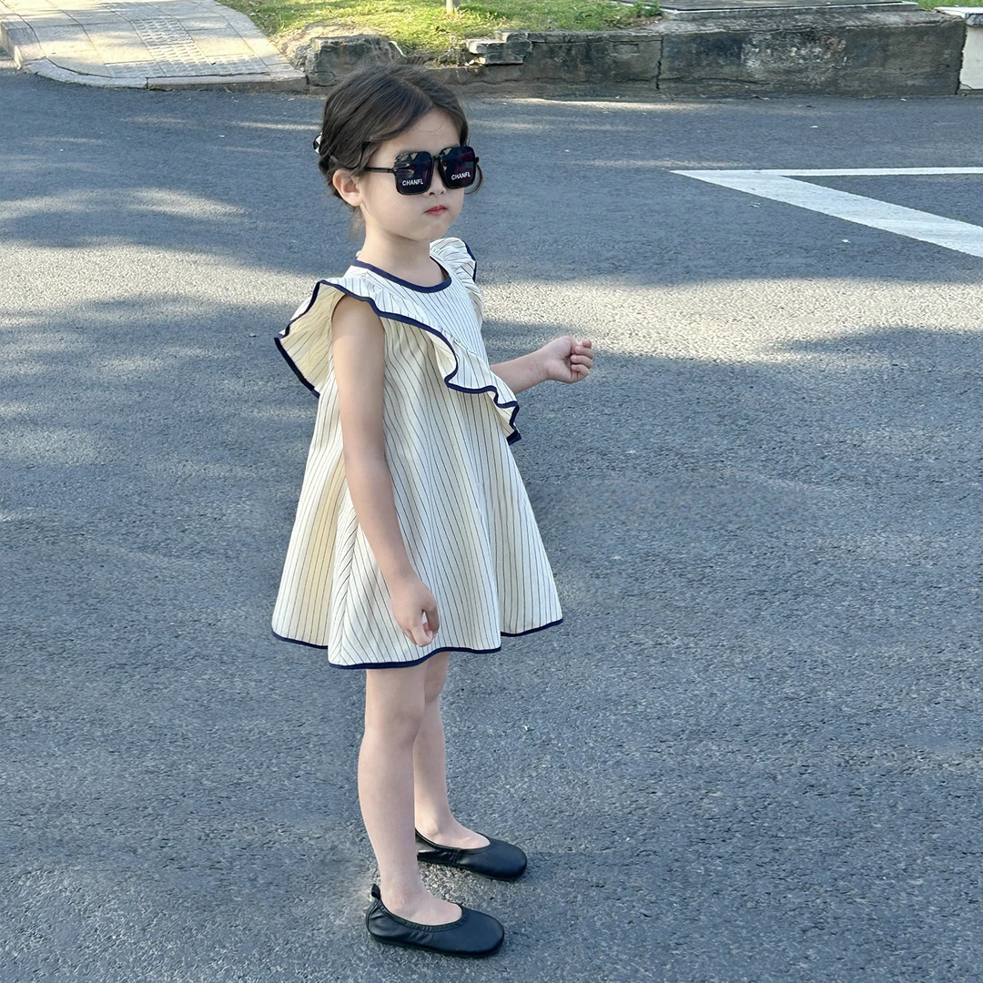 女童条纹小飞袖连衣裙2025夏季新款女孩设计感荷叶边拼接公主裙子