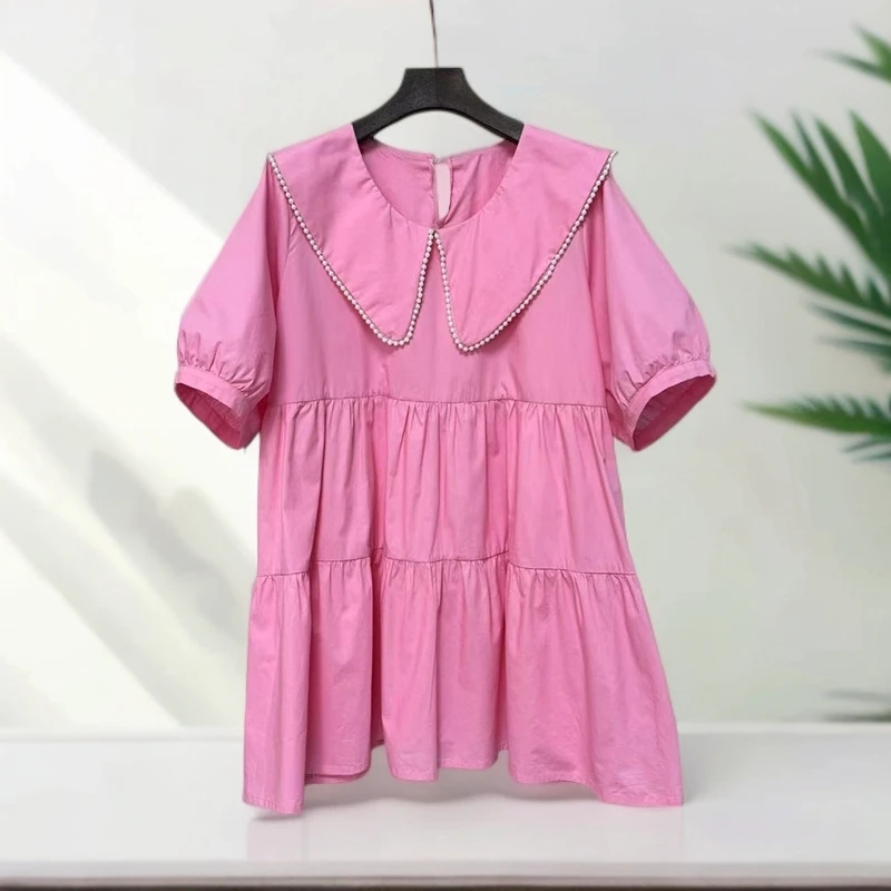 大码女装娃娃领短袖连衣裙女宽松胖mm显瘦遮肉款夏天裙子2025新款