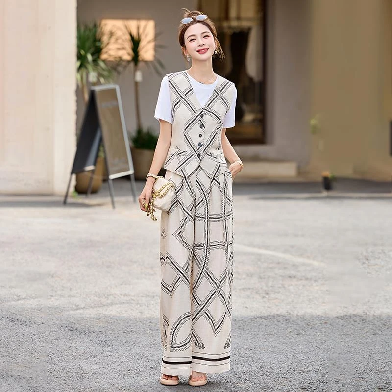 老钱风时尚阔腿裤三件套女夏季大方得体穿搭一整套高级感马甲套装