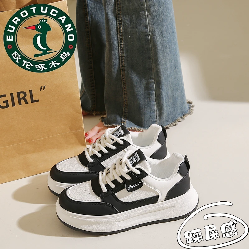 欧伦啄木鸟踩屎感运动板鞋2025爆款春秋百搭透气小白鞋厚底休闲鞋