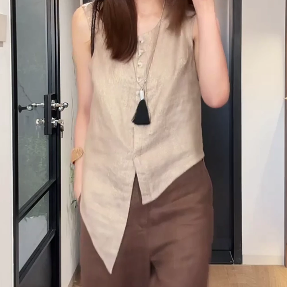 设计感无袖背心法式前后不规则单排纽扣纯色圆领无袖衬衫C5755