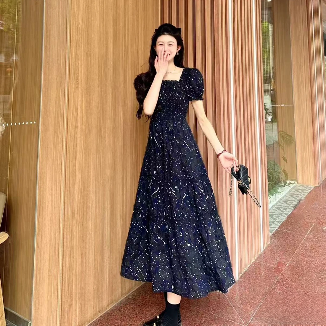 【AMSSGIRD】夏季新款星空印花质感方领泡泡短袖连衣裙150014