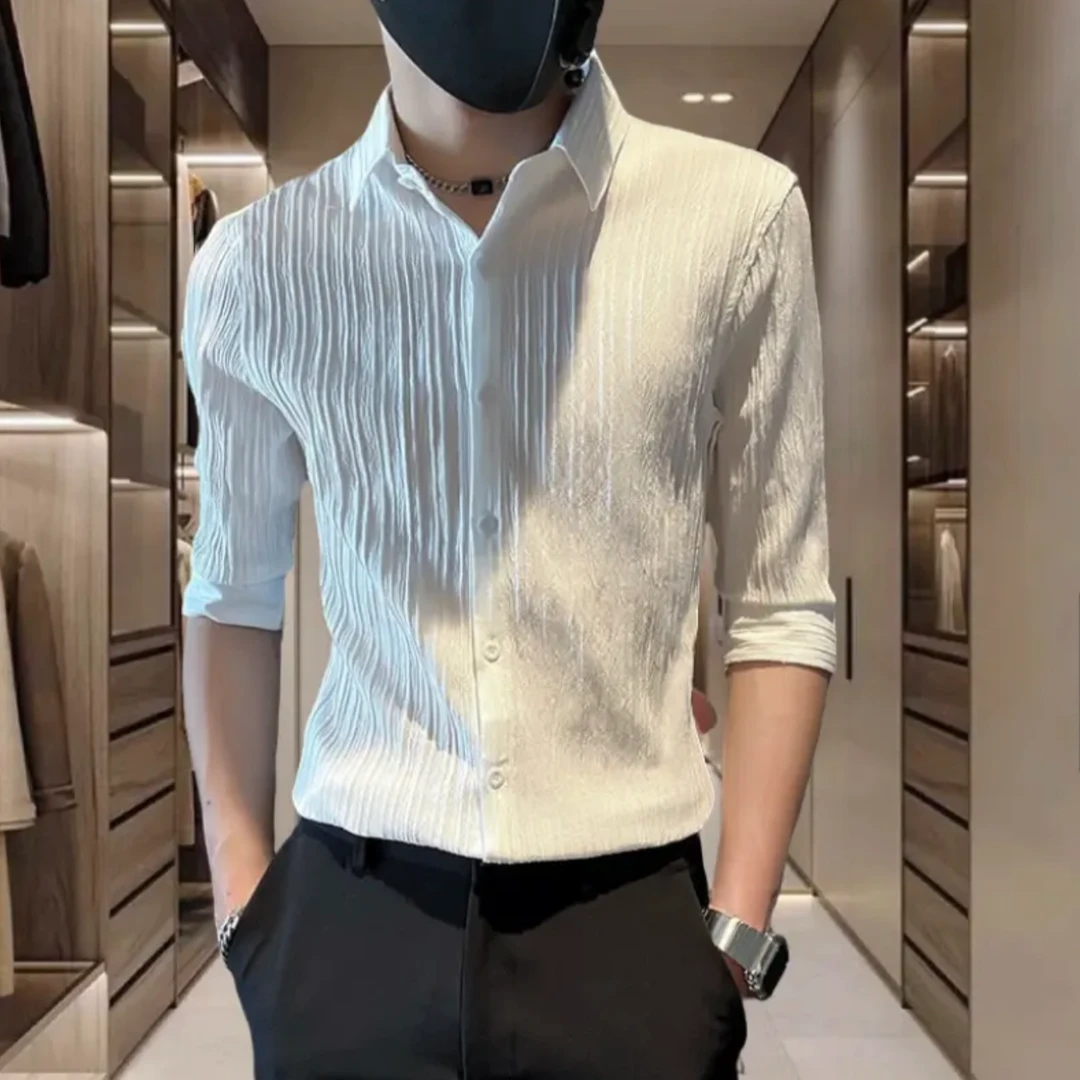 七分袖衬衫男痞帅春夏薄款男士中袖上衣短袖衬衣休闲条纹长袖衬衣