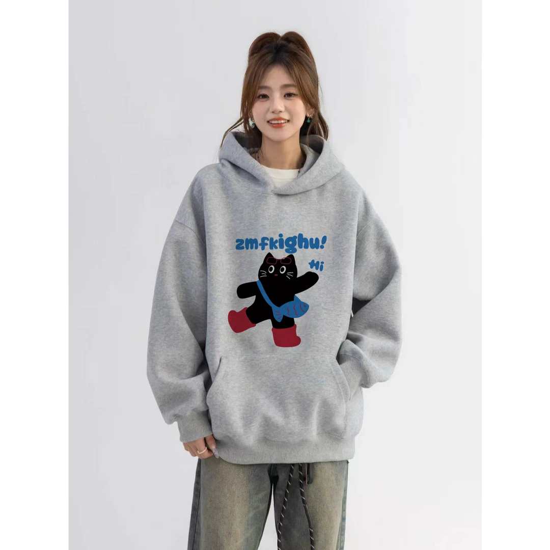 早秋新款韩系可爱猫咪毛巾绣连帽卫衣女款小个子宽松长袖上衣休闲