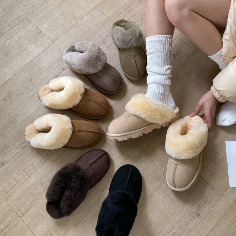 秋冬季韩版皮毛一体羊毛牛皮女款拖鞋毛毛拖鞋防滑保暖棉拖厚底