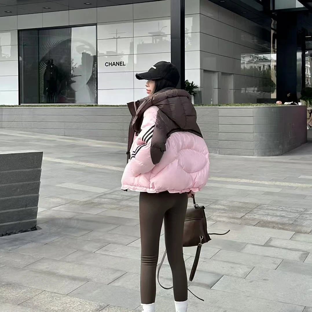 Yuanzhan/媛站撞色羽绒服女短款飘带加厚白鸭绒面包服外套冬