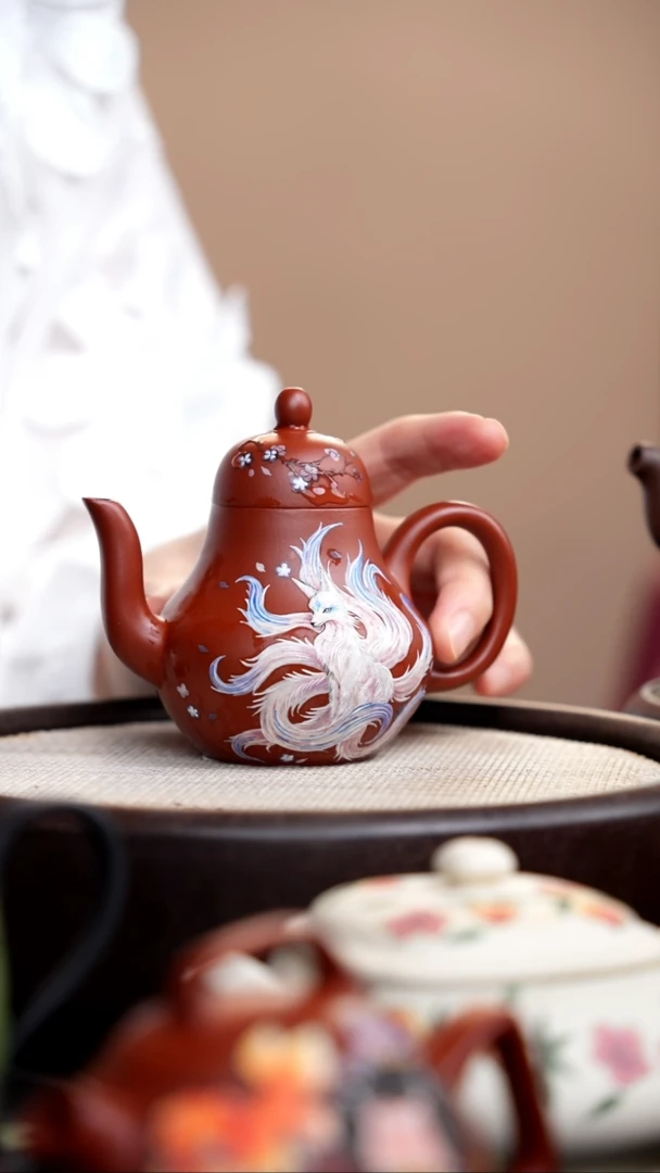 茶壶紫砂朱泥思婷泥绘凤九